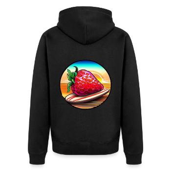 Surfende Erdbeere im Sonnenuntergang - Unisex Premium Bio Zip Hoodie - Schwarz - Hinten - Nico (187cm)