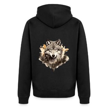 Wolf Wolfskopf Natur Wildnis Wald Bäume Kunst - Unisex Premium Bio Zip Hoodie - Schwarz - Hinten - Nico (187cm)