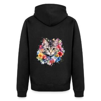 Katze Blumen Aquarell Zeichnung Kunst Bunt Floral - Unisex Premium Bio Zip Hoodie - Schwarz - Hinten - Nico (187cm)