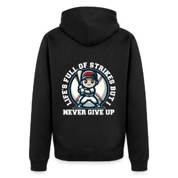 DAS LEBEN IST VOLLER STREIKS, ABER ICH GEBE NIE AUF - Unisex Premium Bio Zip Hoodie - Schwarz - Hinten - Nico (187cm)