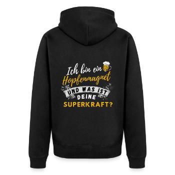 Biertrinker Spruch Hopfenmagnet und Bierliebhaber - Unisex Premium Bio Zip Hoodie - Schwarz - Hinten - Nico (187cm)