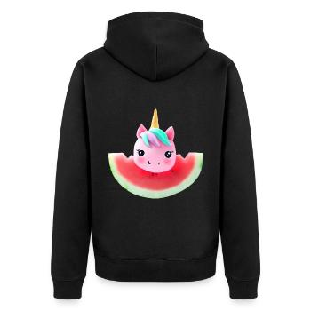 Wassermelonen Einhorn - Unisex Premium Bio Zip Hoodie - Schwarz - Hinten - Nico (187cm)
