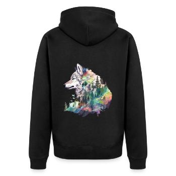 Wolf Wolfskopf Natur Wildnis Wald Bäume Kunst - Unisex Premium Bio Zip Hoodie - Schwarz - Hinten - Nico (187cm)