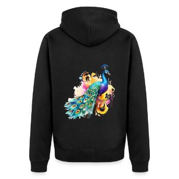 Pfau Blumen Pfauenfeder Exotisch Farbenfroh Bunt - Unisex Premium Bio Zip Hoodie - Schwarz - Hinten - Nico (187cm)
