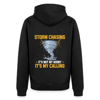 Sturmjäger Sprüche | Gewitter Meteorologe Geschenk - Unisex Premium Bio Zip Hoodie - Schwarz - Hinten - Nico (187cm)