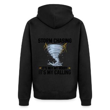Geschenkidee für Sturmjäger | Sturmbegleiter Blitz - Unisex Premium Bio Zip Hoodie - Schwarz - Hinten - Nico (187cm)