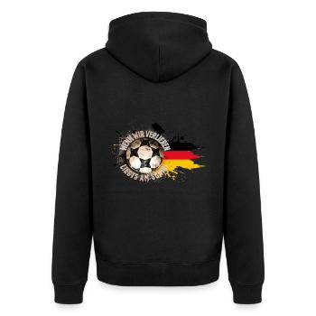 Wenn wir verlieren, liegt’s am Schiri – Fußball - Unisex Premium Bio Zip Hoodie - Schwarz - Hinten - Nico (187cm)