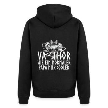 Fathor Vathor Vater Thor Hammer Vatertag Geschenk - Unisex Premium Bio Zip Hoodie - Schwarz - Hinten - Nico (187cm)