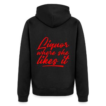 Liquor Where She Likes It - Unisex Premium Bio Zip Hoodie - Schwarz - Hinten - Nico (187cm)