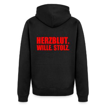 Herzblut wille stolz - Unisex Premium Bio Zip Hoodie - Schwarz - Hinten - Nico (187cm)