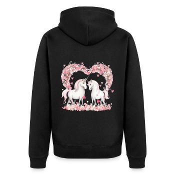 Niedlilches Einhorn Paar mit Blumenherz - Unisex Premium Bio Zip Hoodie - Schwarz - Hinten - Nico (187cm)