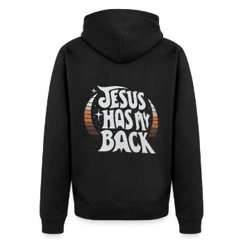 Jesus Has My Back 23 - Unisex Premium Bio Zip Hoodie - Schwarz - Hinten - Nico (187cm)