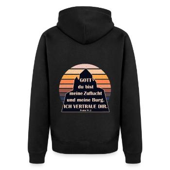 Psalm 91,2 Vertraue Gott Schutz und Burg Sunset - Unisex Premium Bio Zip Hoodie - Schwarz - Hinten - Nico (187cm)