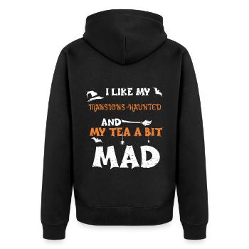 I like my Mansions-Haunted and m... - Unisex Premium Bio Zip Hoodie - Schwarz - Hinten - Nico (187cm)