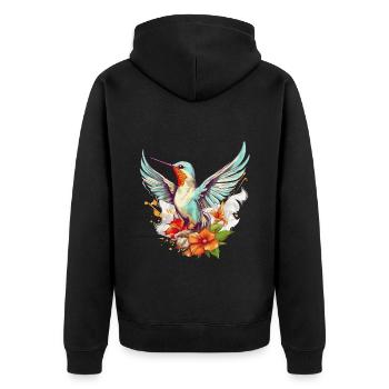 Kolibri Blumen Vogel Tier Kunst Aquarell Bunt - Unisex Premium Bio Zip Hoodie - Schwarz - Hinten - Nico (187cm)