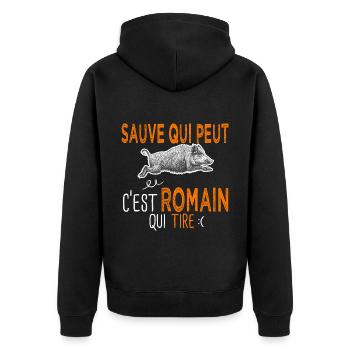 Romain c est romain qui tire Humour Chasseur - Veste à capuche bio Premium Unisexe - noir - Dos - Nico (187cm)