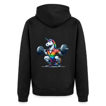 Licorne arc-en-ciel cool accroupie dans la salle de sport - Veste à capuche bio Premium Unisexe - noir - Dos - Nico (187cm)