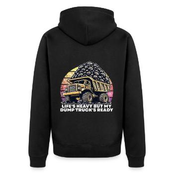 DAS LEBEN IST SCHWER, ABER MEIN MULDENKIPPER IST BEREIT - Unisex Premium Bio Zip Hoodie - Schwarz - Hinten - Nico (187cm)