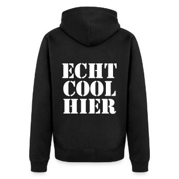 echt cool hier 2 weiss - Unisex Premium Bio Zip Hoodie - Schwarz - Hinten - Nico (187cm)
