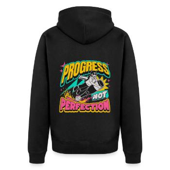 Fortschritt statt Perfektion Statement - Unisex Premium Bio Zip Hoodie - Schwarz - Hinten - Nico (187cm)