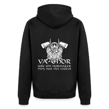 Fathor Vathor Vater Thor Hammer Vatertag Geschenk - Unisex Premium Bio Zip Hoodie - Schwarz - Hinten - Nico (187cm)