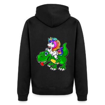 Einhorn reitet auf Dinosaurier - Einhorn Dino - Unisex Premium Bio Zip Hoodie - Schwarz - Hinten - Nico (187cm)