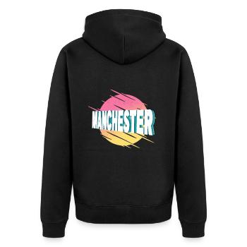 Manchester England Großbritannien UK Stadt Schrift - Unisex Premium Bio Zip Hoodie - Schwarz - Hinten - Nico (187cm)