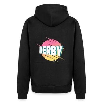 Derby England Großbritannien UK Stadt Schrift - Unisex Premium Bio Zip Hoodie - Schwarz - Hinten - Nico (187cm)