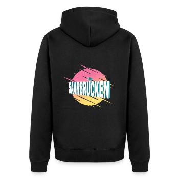Saarbrücken Deutschland Stadt Schrift Vintage - Unisex Premium Bio Zip Hoodie - Schwarz - Hinten - Nico (187cm)