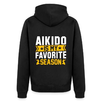 Aikido ist meine Lieblingsjahreszeit - Unisex Premium Bio Zip Hoodie - Schwarz - Hinten - Nico (187cm)