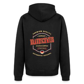 Braunschweig Deutschland Stadt Schrift Vintage - Unisex Premium Bio Zip Hoodie - Schwarz - Hinten - Nico (187cm)