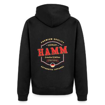 Hamm Deutschland Stadt Schrift Vintage Retro - Unisex Premium Bio Zip Hoodie - Schwarz - Hinten - Nico (187cm)