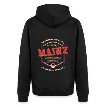 Mainz Deutschland Stadt Schrift Vintage Retro - Unisex Premium Bio Zip Hoodie - Schwarz - Hinten - Nico (187cm)