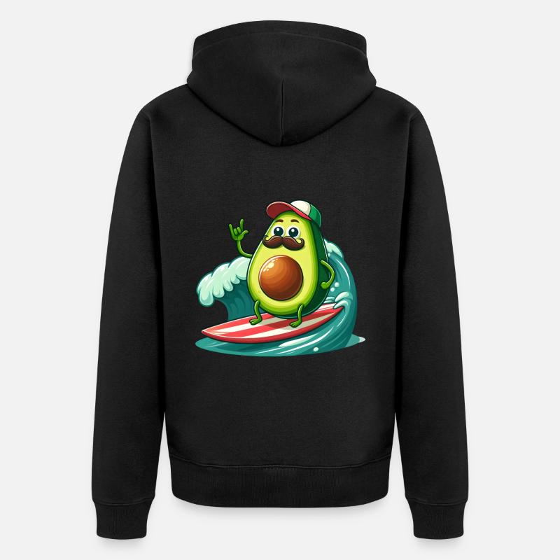 Surfende Avocado mit Schnurrbart - Unisex Premium Bio Zip Hoodie - Schwarz