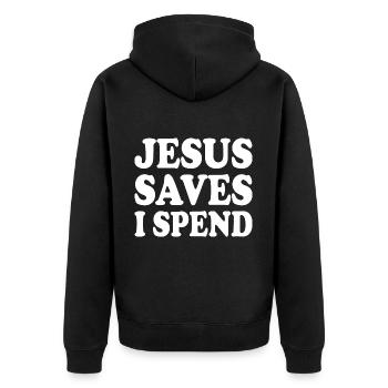 jesus saves i spend - Unisex Premium Bio Zip Hoodie - Schwarz - Hinten - Nico (187cm)