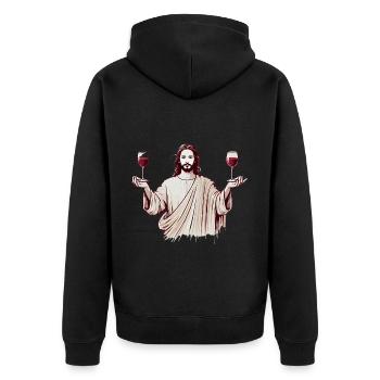 Schluck Geist Jesus mit Weingläsern - Unisex Premium Bio Zip Hoodie - Schwarz - Hinten - Nico (187cm)