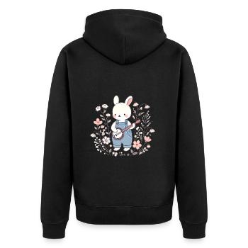 Banjo-Hase im Blumenfeld - Unisex Premium Bio Zip Hoodie - Schwarz - Hinten - Nico (187cm)