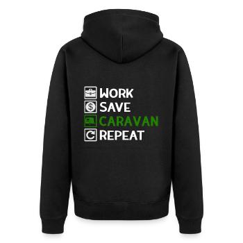 Work, Save, Caravan, Repeat - Camping Spruch - Unisex Premium Bio Zip Hoodie - Schwarz - Hinten - Nico (187cm)