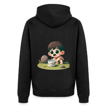 Verspieltes Kind, das an der Schüssel trinkt - Unisex Premium Bio Zip Hoodie - Schwarz - Hinten - Nico (187cm)