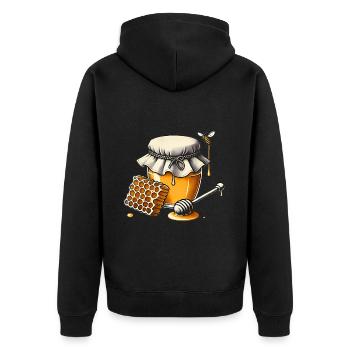 Rustikales Honigglas mit tropfender Wabe - Unisex Premium Bio Zip Hoodie - Schwarz - Hinten - Nico (187cm)