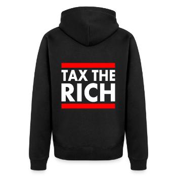 Tax the rich - Unisex Premium Bio Zip Hoodie - Schwarz - Hinten - Nico (187cm)