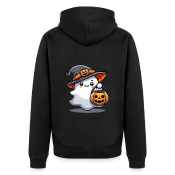 Süßer Geist mit Hexenhut Kürbis - Unisex Premium Bio Zip Hoodie - Schwarz - Hinten - Nico (187cm)