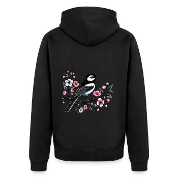 Chicadée sur le dessin d’une branche fleurie - Veste à capuche bio Premium Unisexe - noir - Dos - Nico (187cm)
