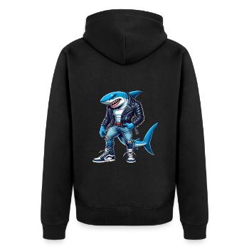 Cool Shark in Leather Jacket Design - Unisex Premium Organic Zip Hoodie - black - Back - Nico (187cm)