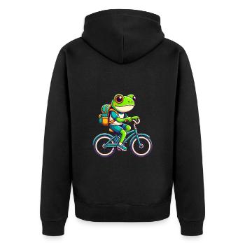 Frosch auf dem Fahrrad Abenteuer Design - Unisex Premium Bio Zip Hoodie - Schwarz - Hinten - Nico (187cm)