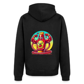 Muskulöse Ketchupflasche biegt sich - Unisex Premium Bio Zip Hoodie - Schwarz - Hinten - Nico (187cm)