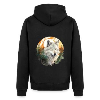 Wolf Wolfskopf Natur Wildnis Wald Bäume Kunst - Unisex Premium Bio Zip Hoodie - Schwarz - Hinten - Nico (187cm)