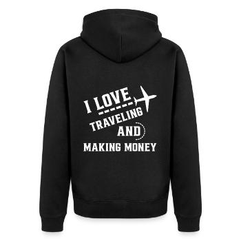 I Love Traveling And Making Money 4 - Unisex Premium Bio Zip Hoodie - Schwarz - Hinten - Nico (187cm)