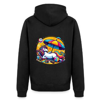 Strandspaß von Unicorn Strand Strandurlaub - Unisex Premium Bio Zip Hoodie - Schwarz - Hinten - Nico (187cm)