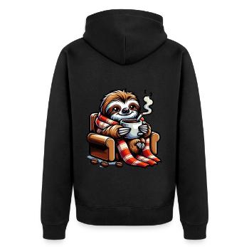 Cozy sloth with coffee - Unisex Premium Organic Zip Hoodie - black - Back - Nico (187cm)